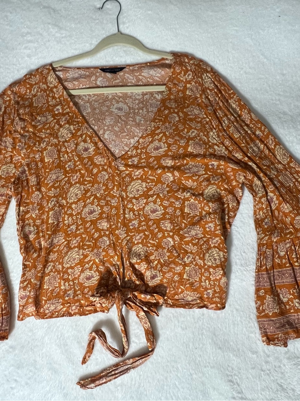 American Eagle Women's Burnt Orange Floral V-Neck Tie-Front Top size XL